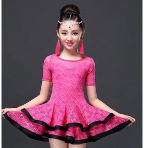 Fuchsia hot pink black royal blue lace girls kids children short sleeves professional gymnastics competition performance latin dance dresses costumes outfits